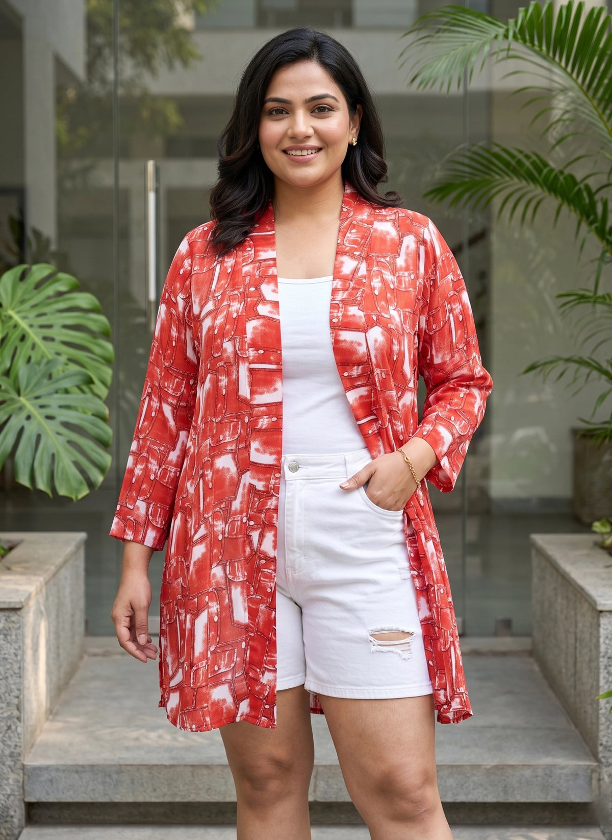 red geometric crepe shrug for women in sizes XXS to 5XL