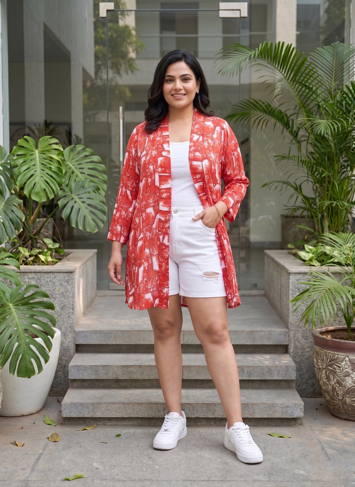 red geometric crepe shrug — styled look