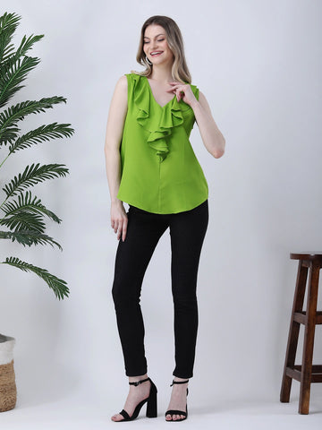 Parrot green ruffle neck top