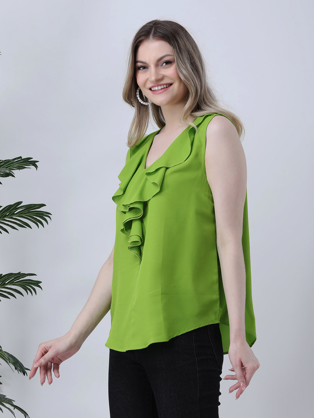 Parrot green ruffle neck top