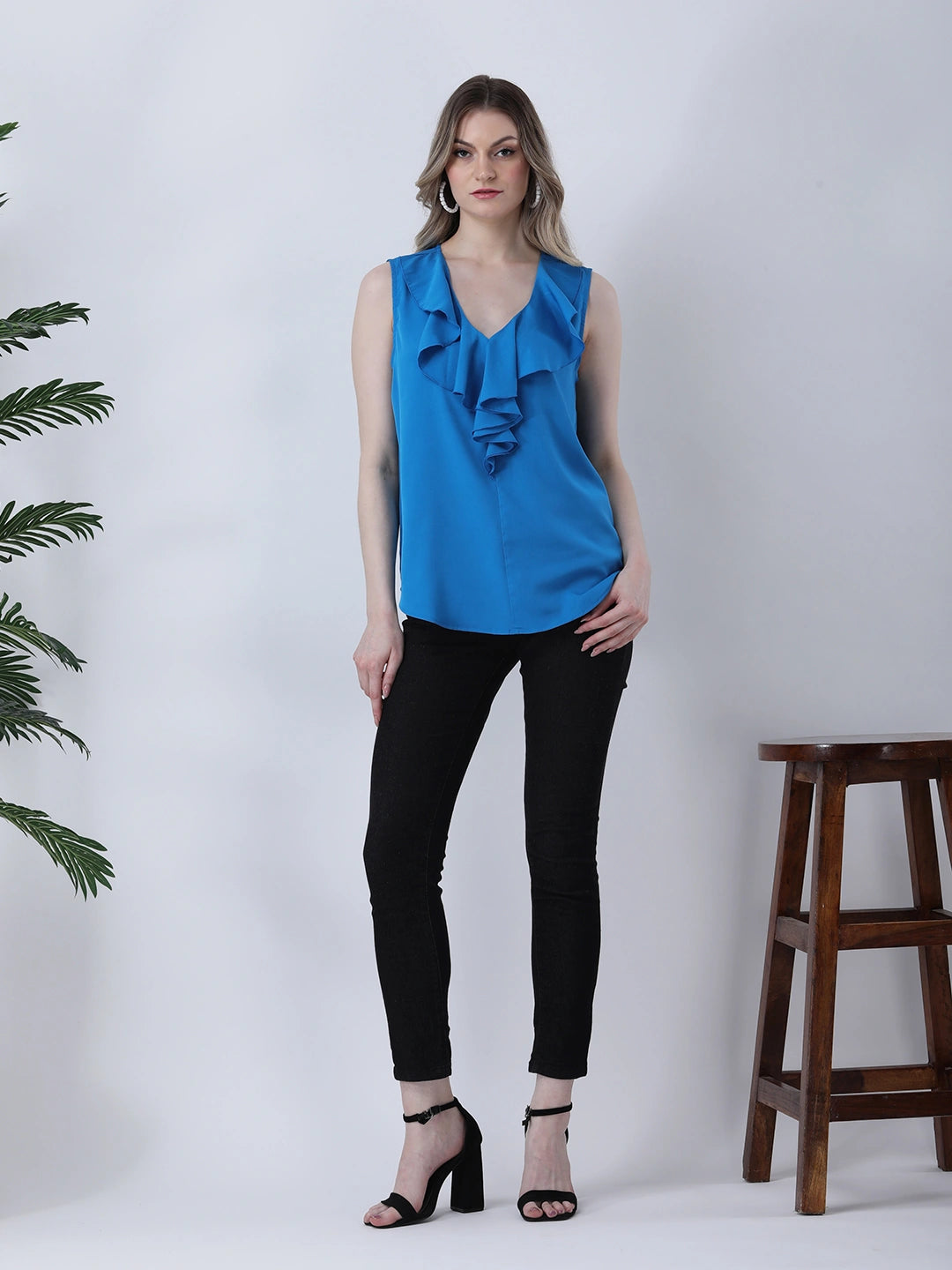 Ruffle neck solid summer top