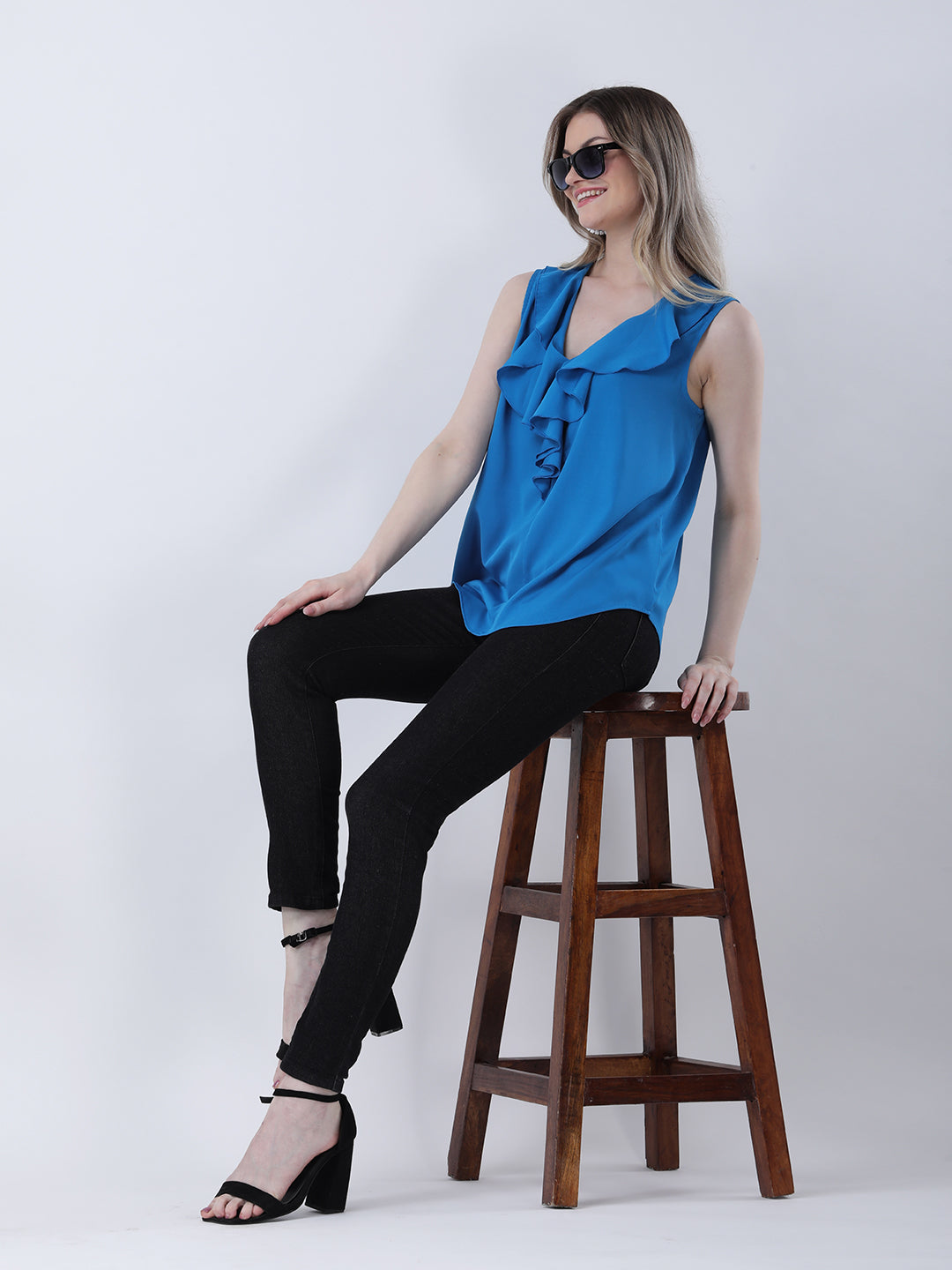 Ruffle neck solid summer top