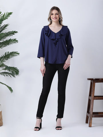 Navy ruffle neck top