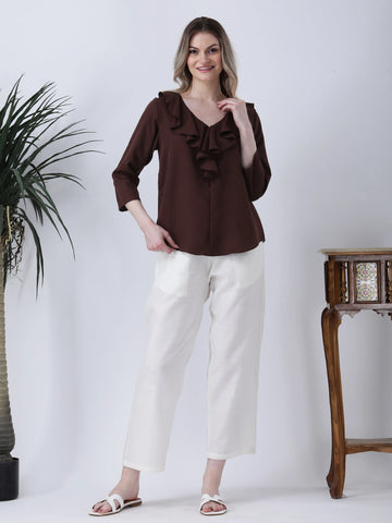 Brown ruffle neck top