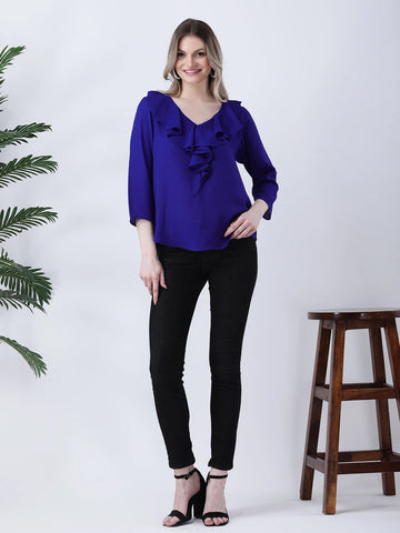 Blue ruffle neck top