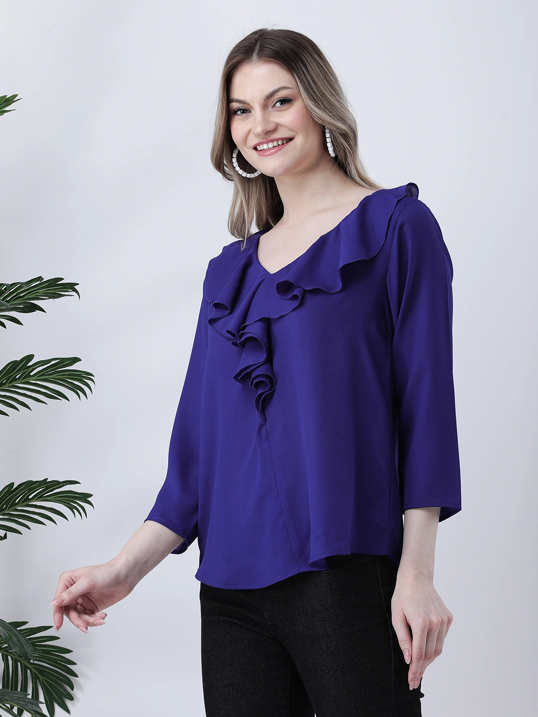 Blue ruffle neck top