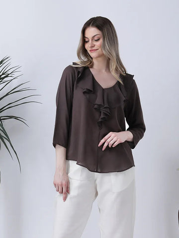 brown moss crepe top for women in sizes XXS to 5XL