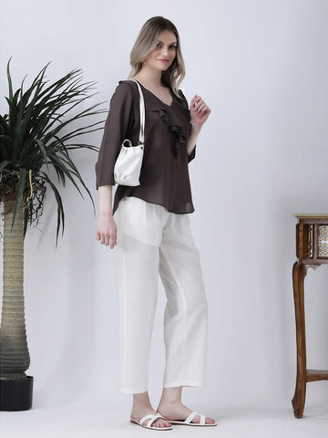 Dark brown ruffle neck top