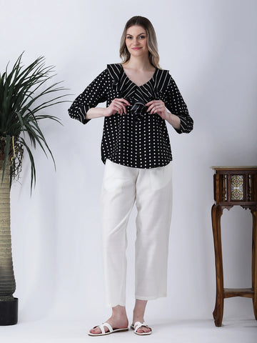 Black polka and stripe ruffle neck top