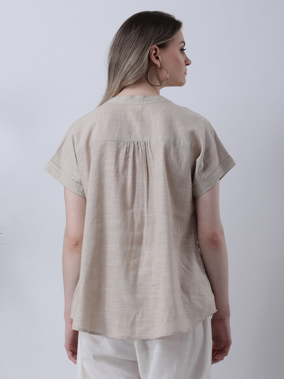 Beige drop shoulder half placket linen shirt