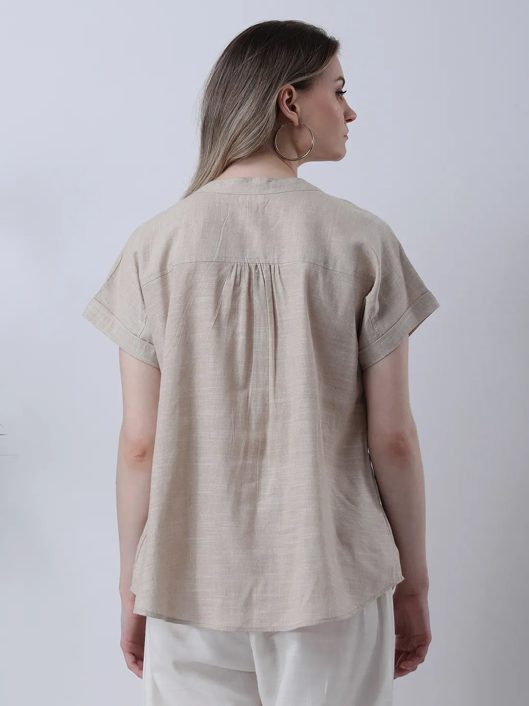 Beige drop shoulder half placket linen shirt