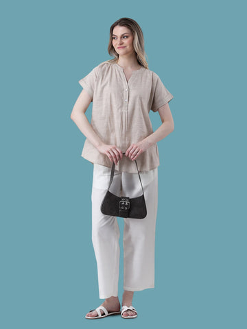 Beige drop shoulder half placket linen shirt