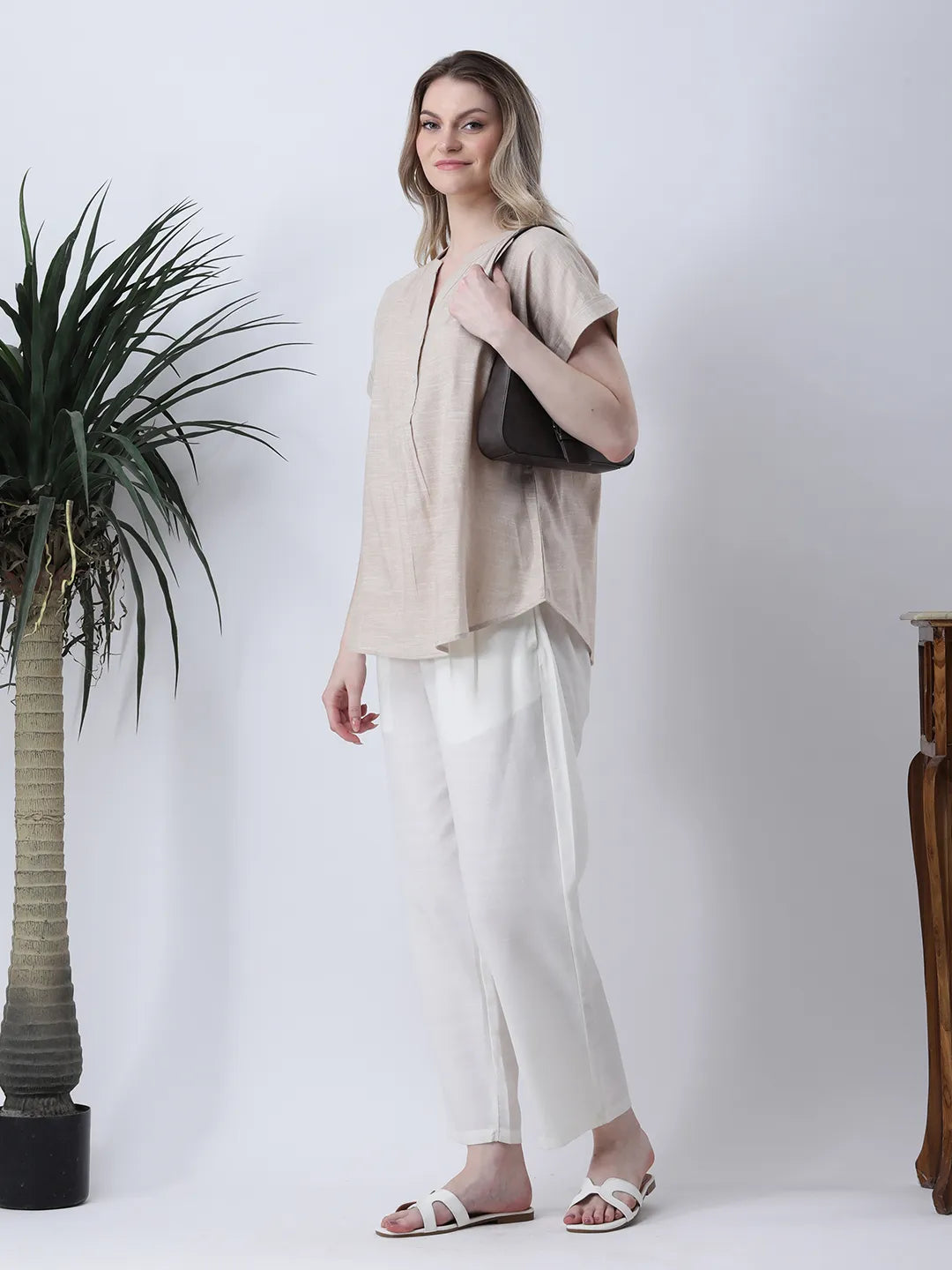 Beige drop shoulder half placket linen shirt