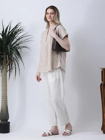 Beige drop shoulder half placket linen shirt