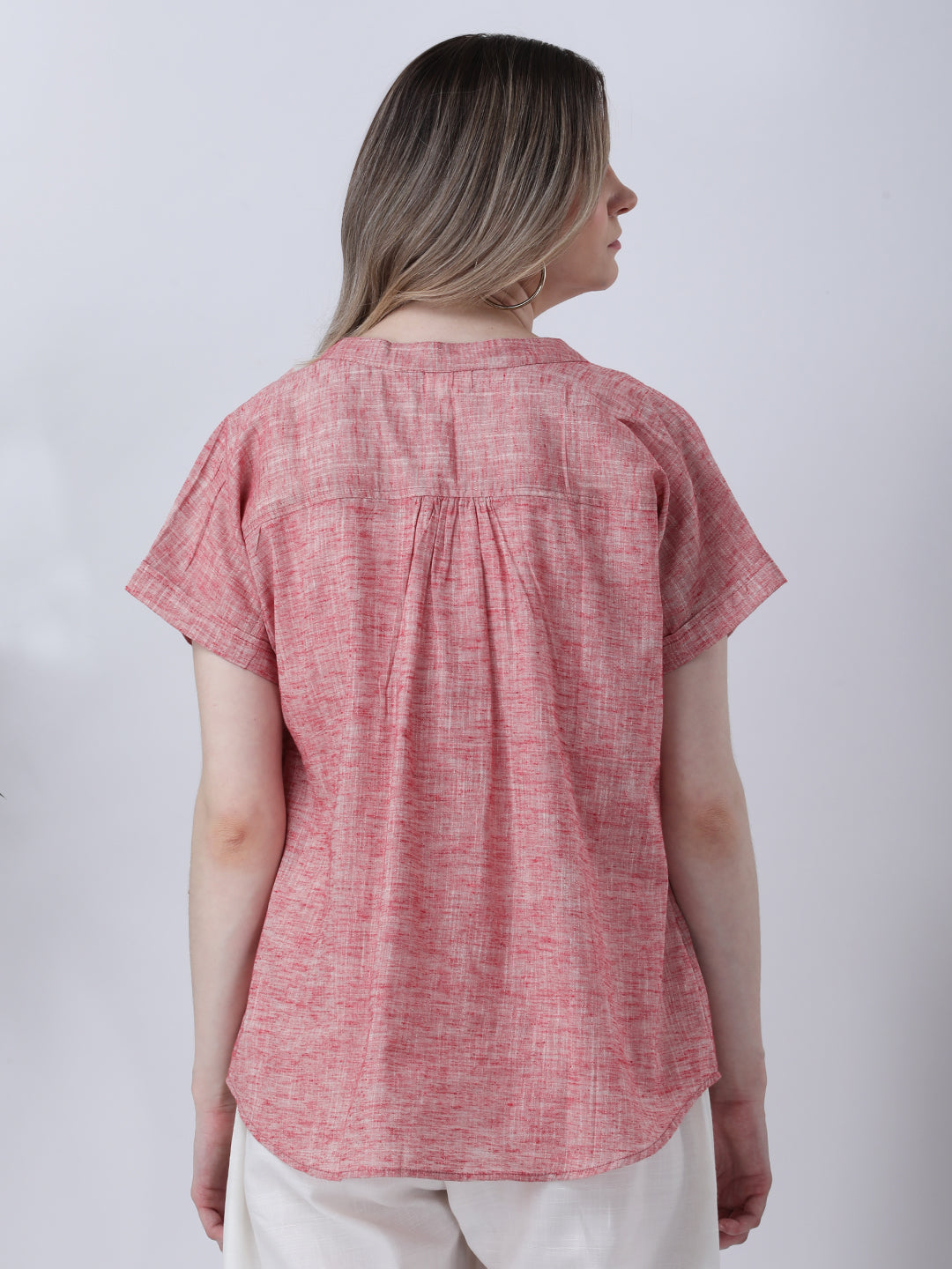Red drop shoulder half placket linen shirt
