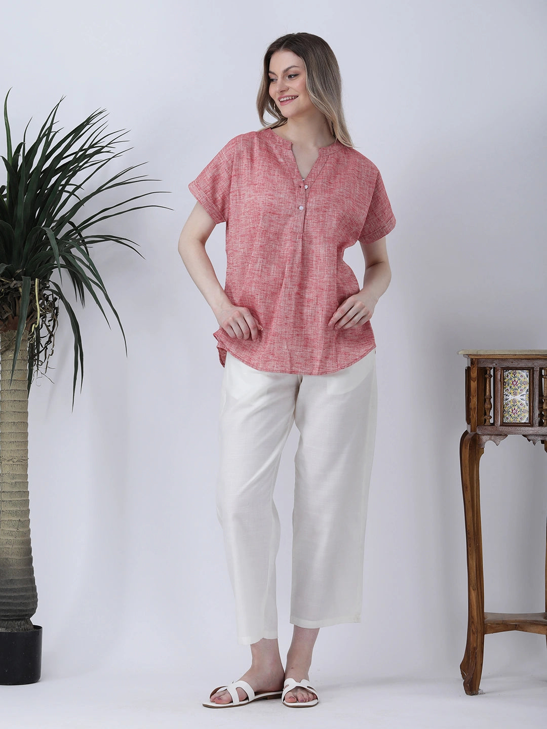 Red drop shoulder half placket linen shirt