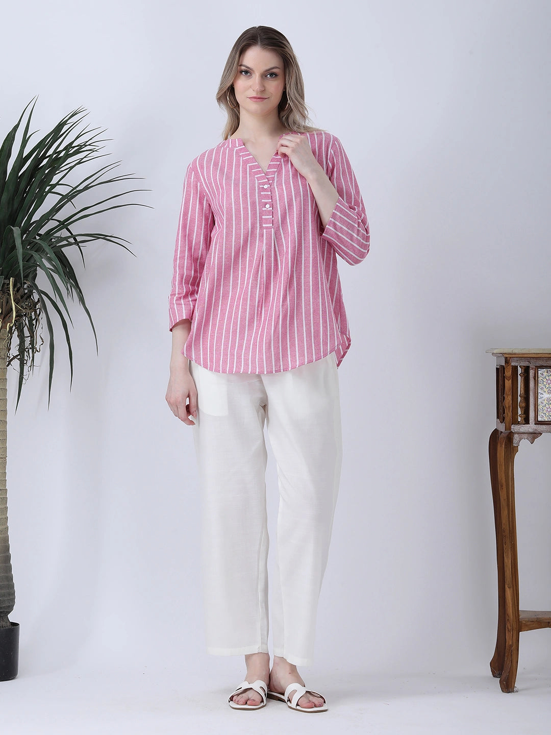 Pink stripe drop shoulder half placket linen shirt