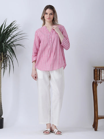 Pink stripe drop shoulder half placket linen shirt