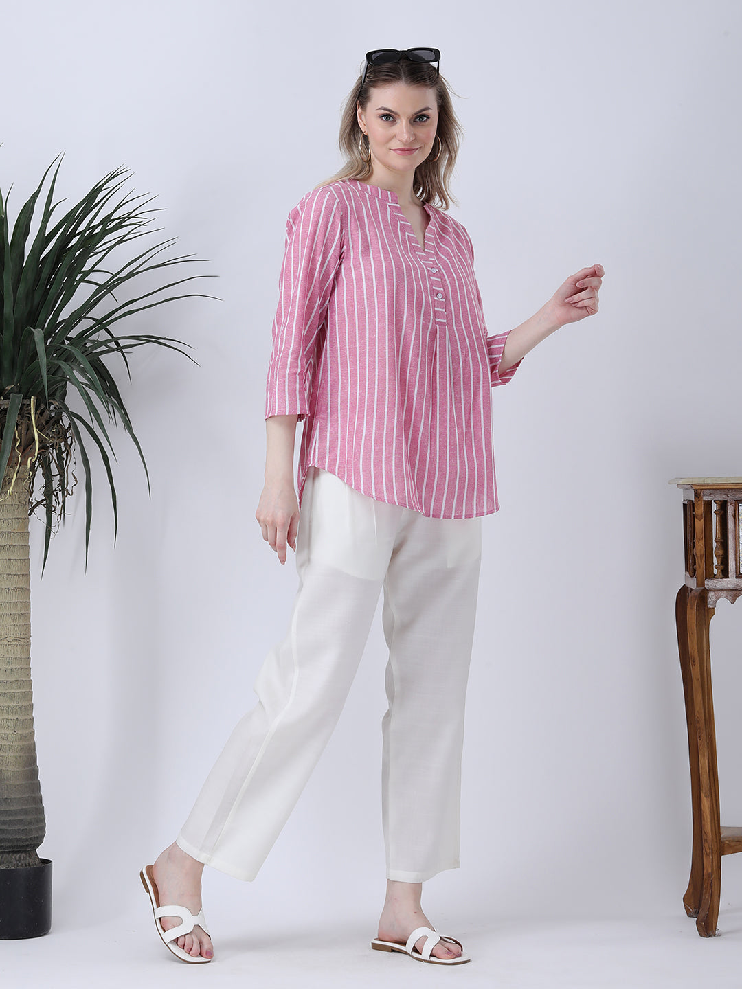 Pink stripe drop shoulder half placket linen shirt