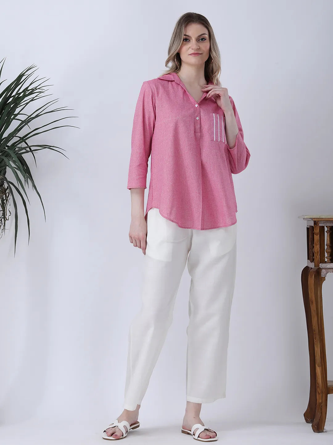 Pink half placket collared linen shirt