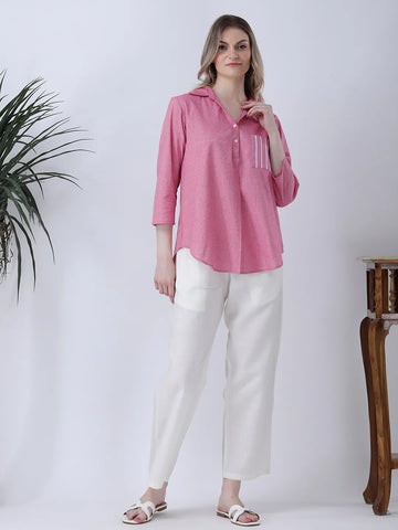 Pink half placket collared linen shirt