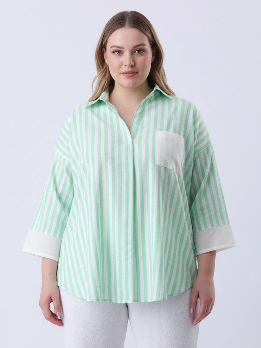 Stripe drop shoulder linen shirt with solid pocket & yoke