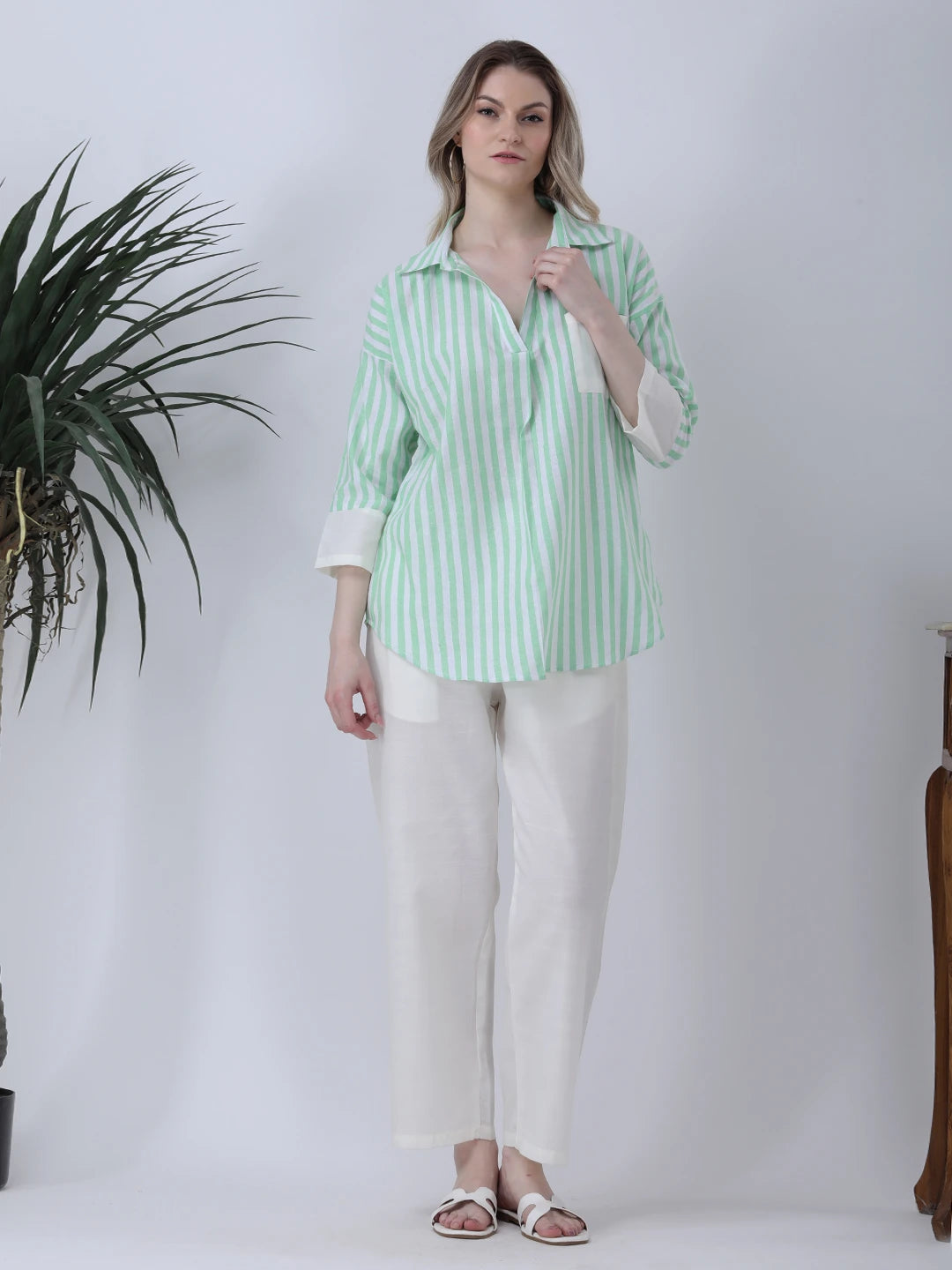 Stripe drop shoulder linen shirt with solid pocket & yoke