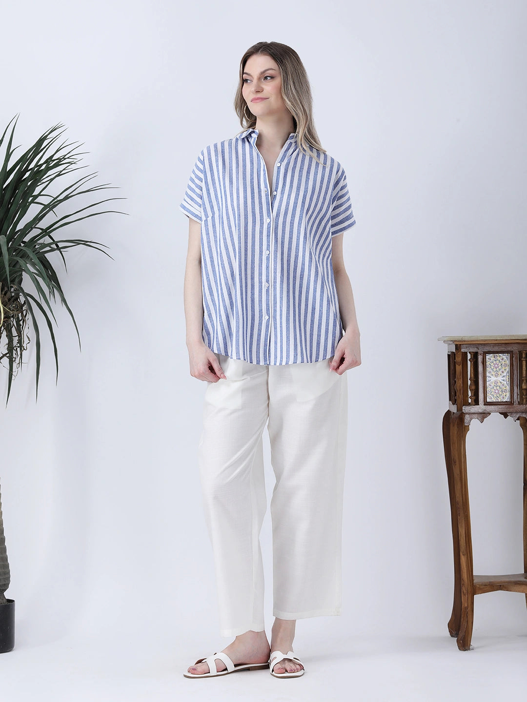 Blue stripe drop shoulder linen shirt