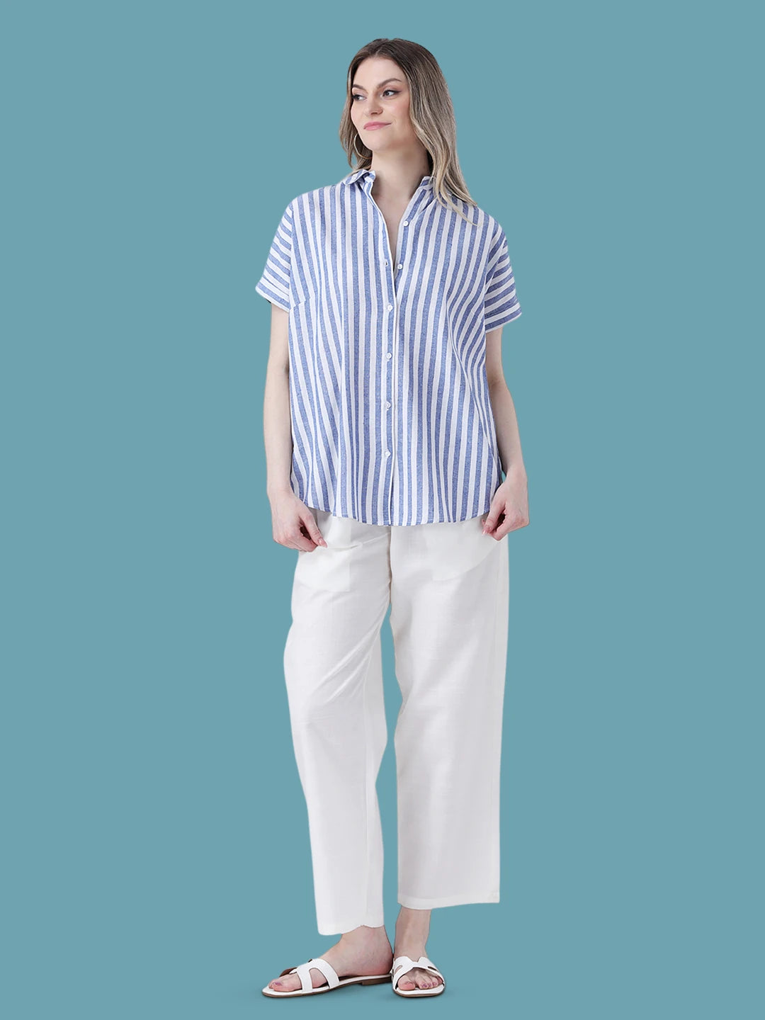 Blue stripe drop shoulder linen shirt