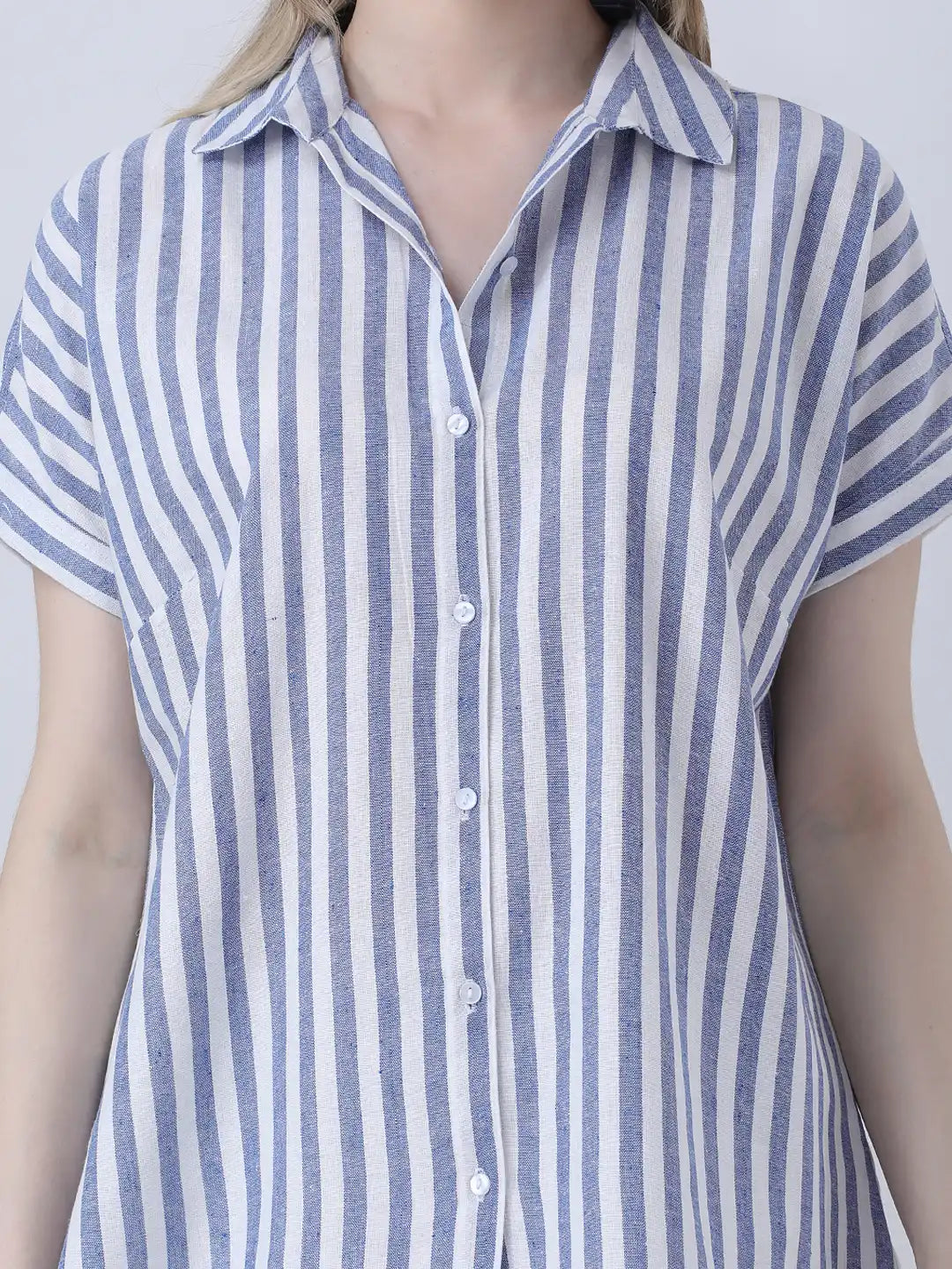 Blue stripe drop shoulder linen shirt
