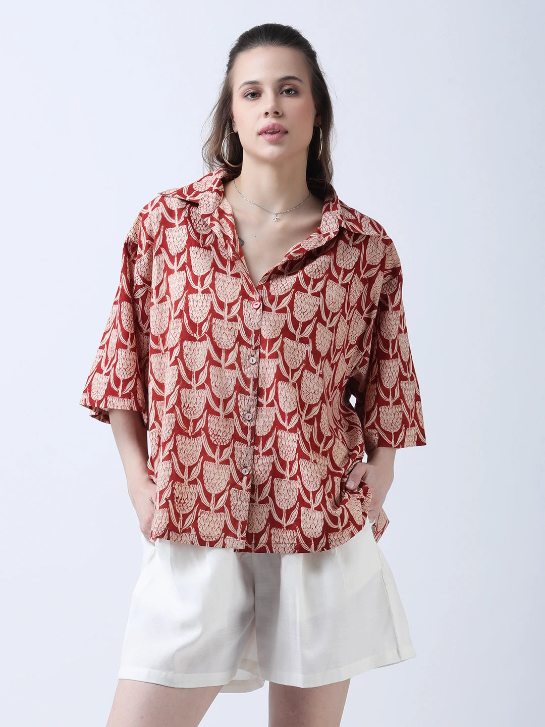 Cotton block print oversized shirt