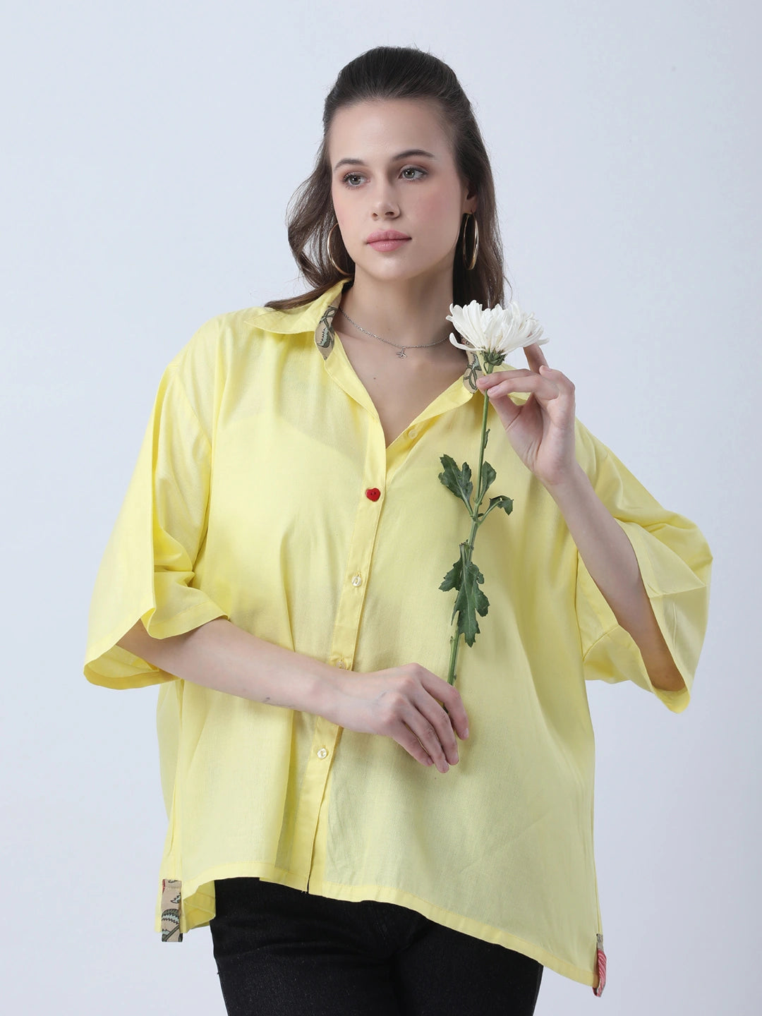 Lemon yellow oversized shirt with block print embelishments