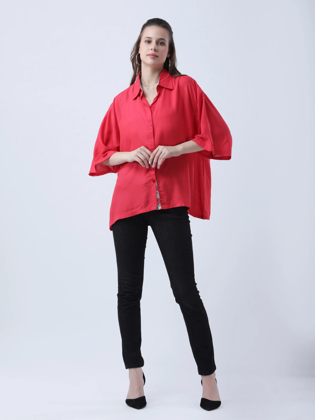 Red rayon oversized shirt with block print embelishments