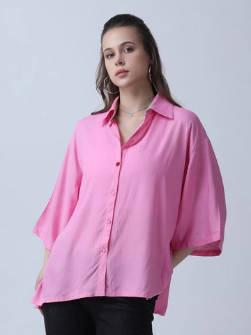 Pink rayon oversized shirt with block print embelishments