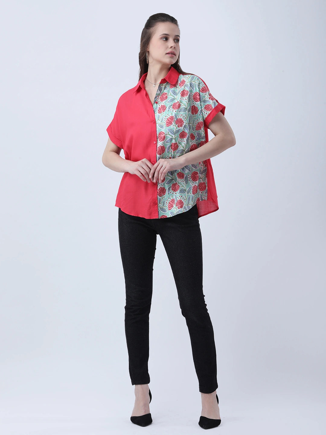 Color-block printed rayon drop shoulder shirt