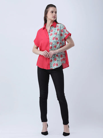 Color-block printed rayon drop shoulder shirt