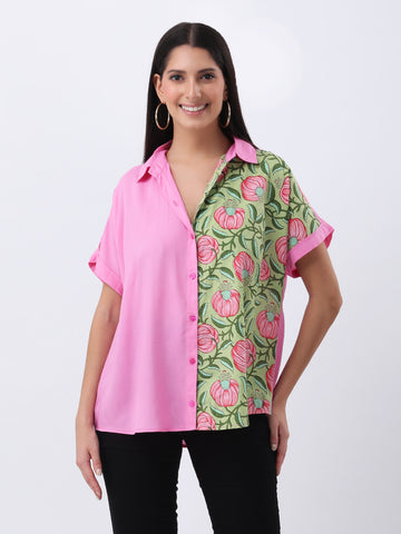 Pink Color-block printed rayon drop shoulder shirt