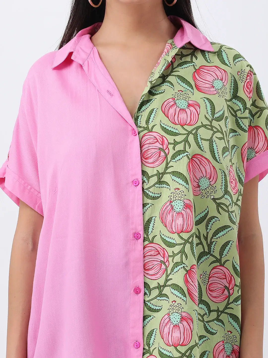 Pink Color-block printed rayon drop shoulder shirt