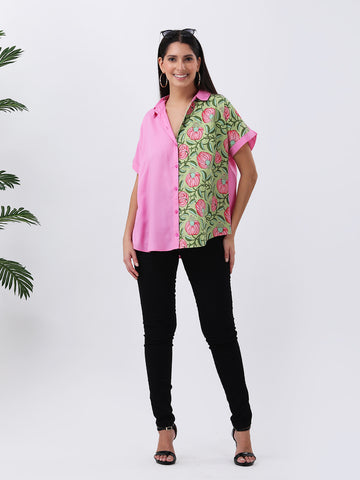 Pink Color-block printed rayon drop shoulder shirt