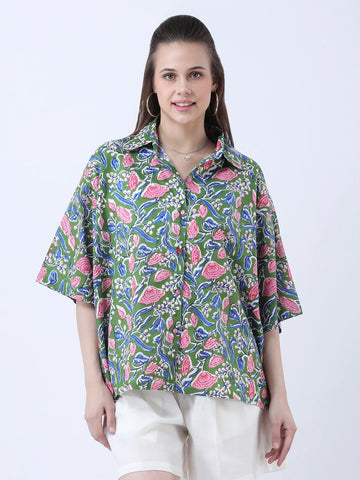 Green block print oversized shirt