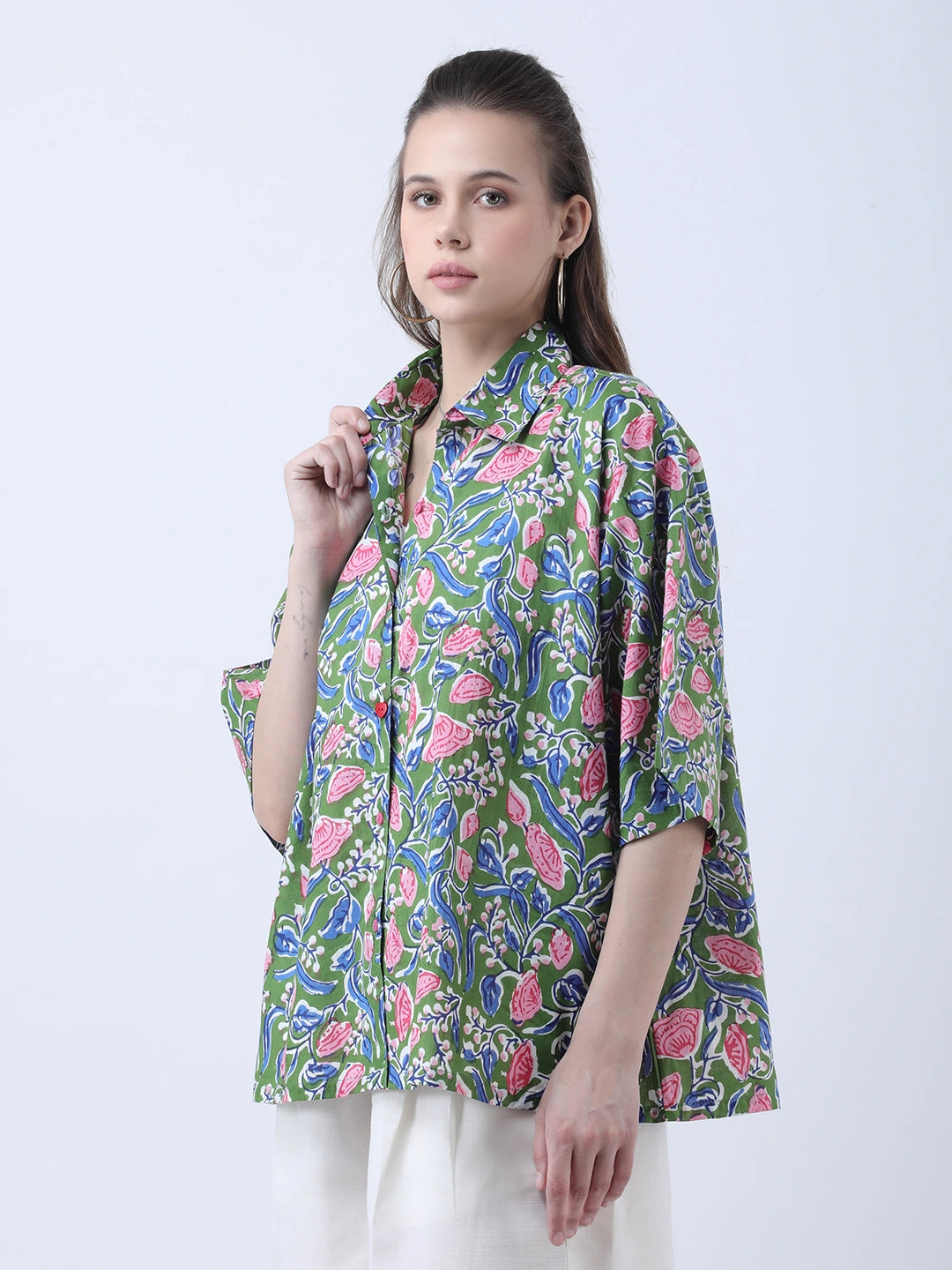 Green block print oversized shirt