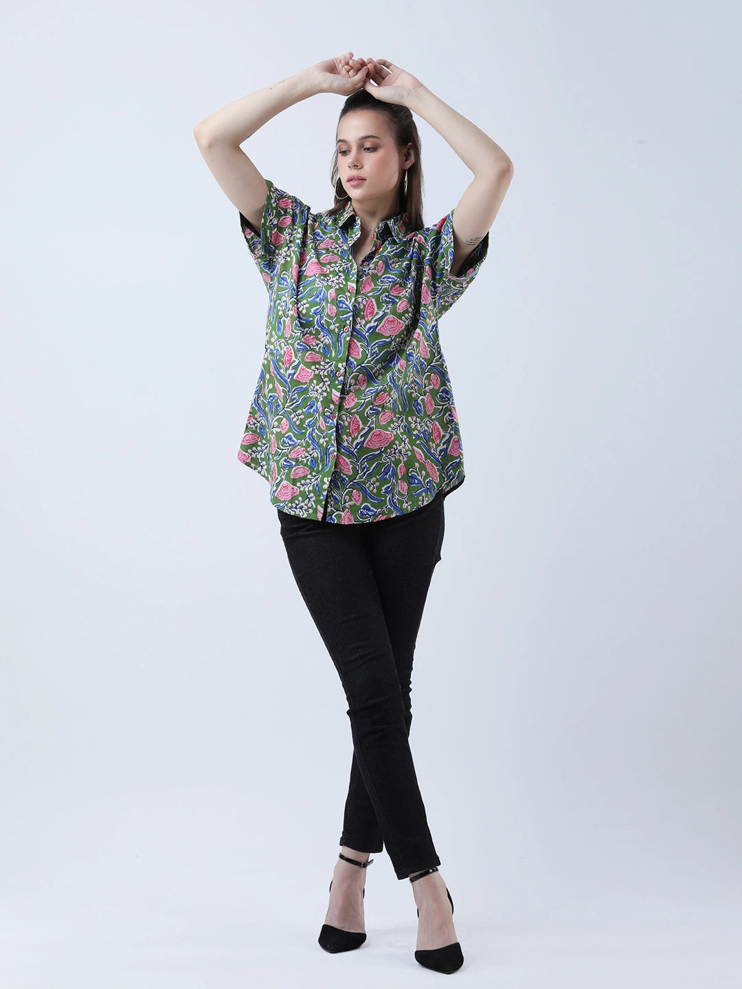 Cotton block print drop shoulder shirt