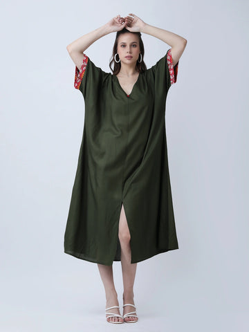 Olive green loose fit dress with front slit