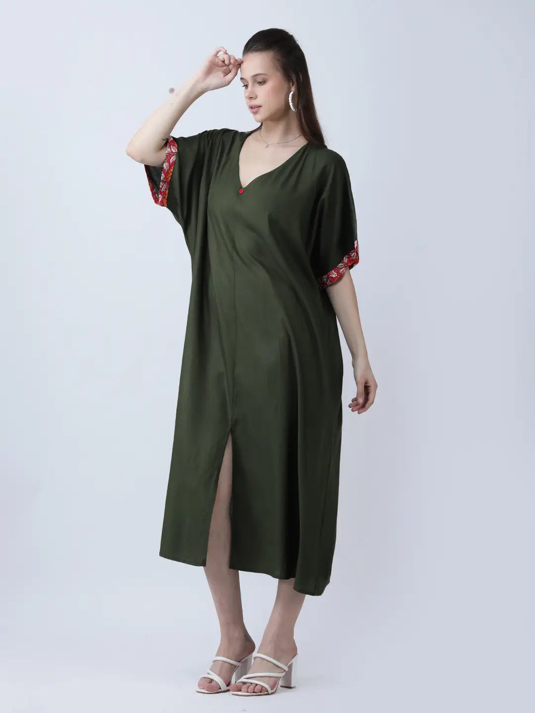 Olive green loose fit dress with front slit