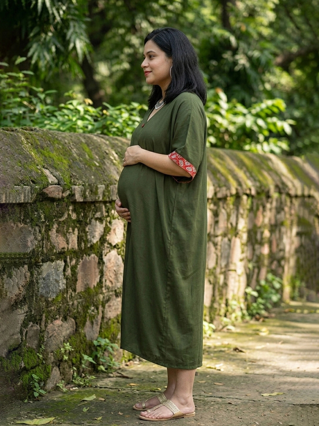 Olive green loose fit dress with front slit