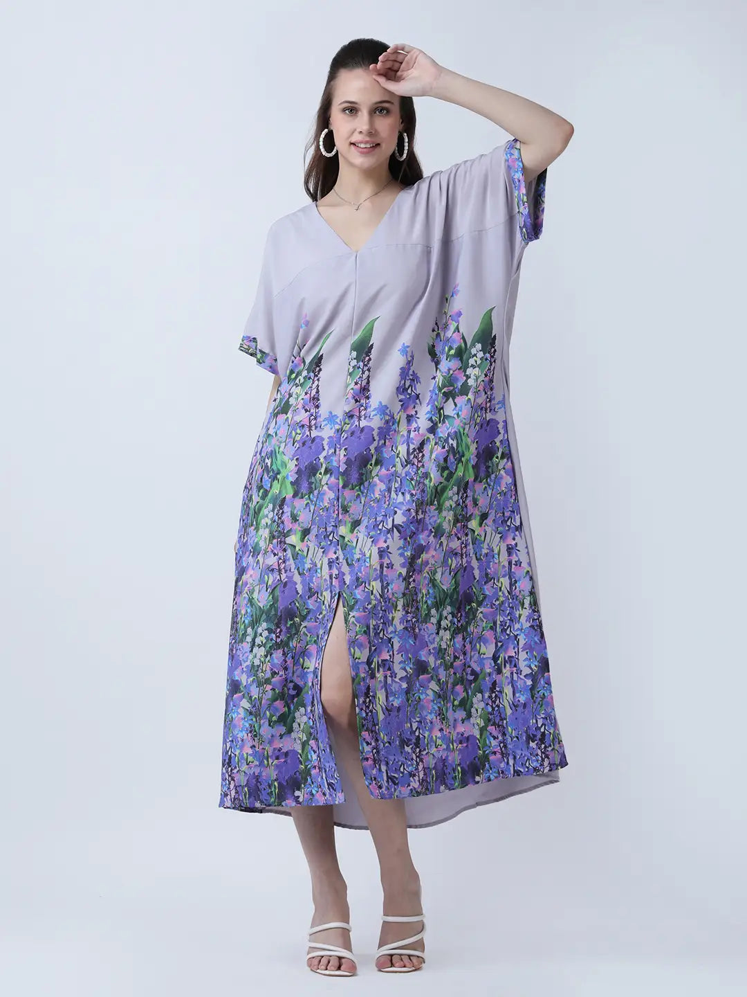 Floral print loose fit dress with front slit
