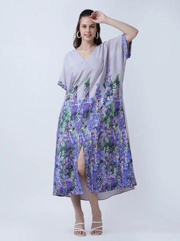 Floral print loose fit dress with front slit