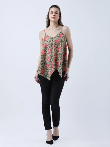 Olive cotton block print spaghetti top