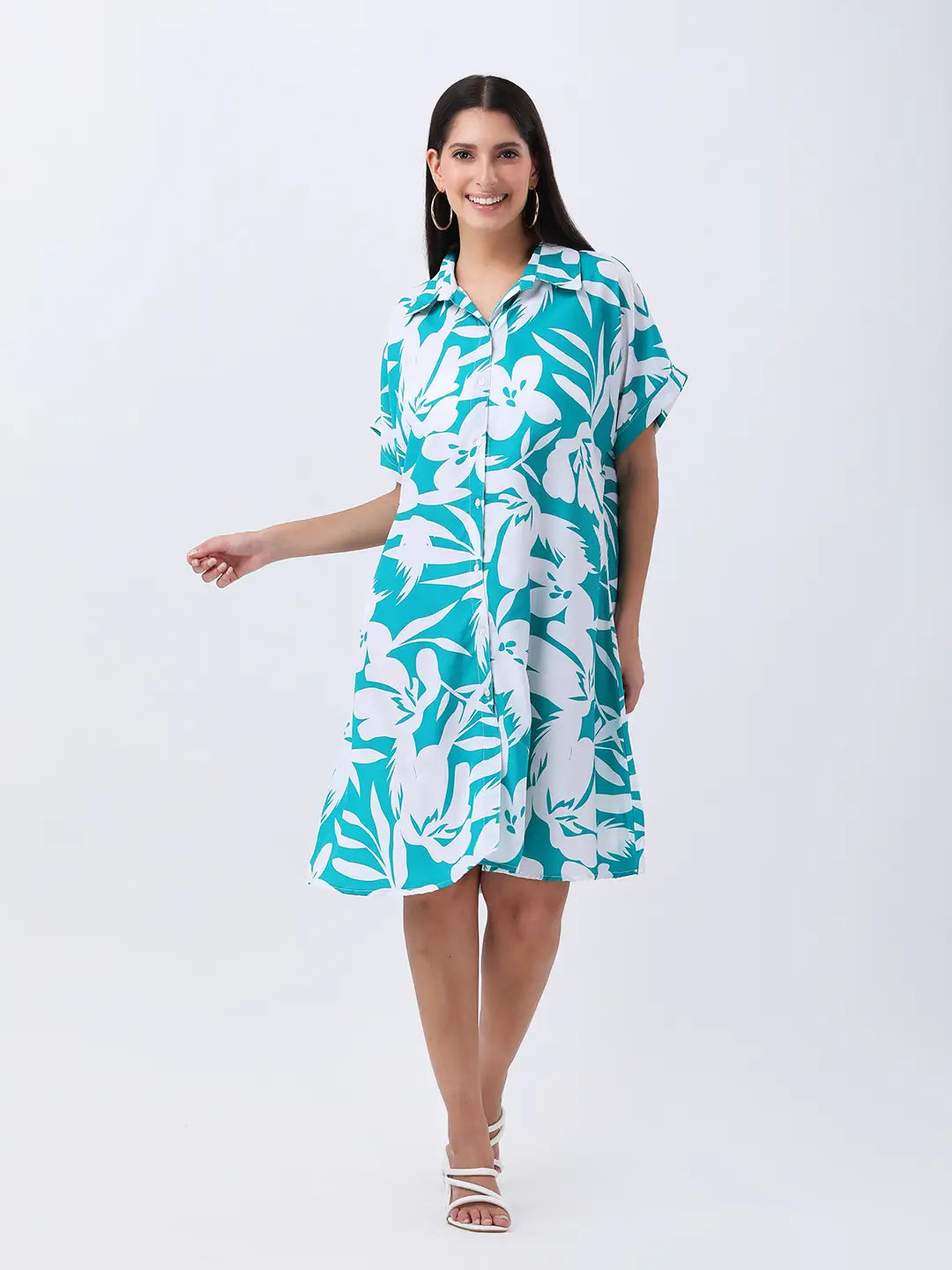 Teal floral print shirt dress
