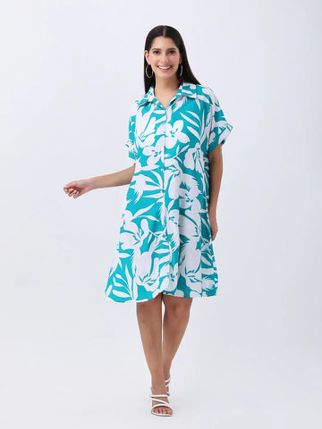 Teal floral print shirt dress